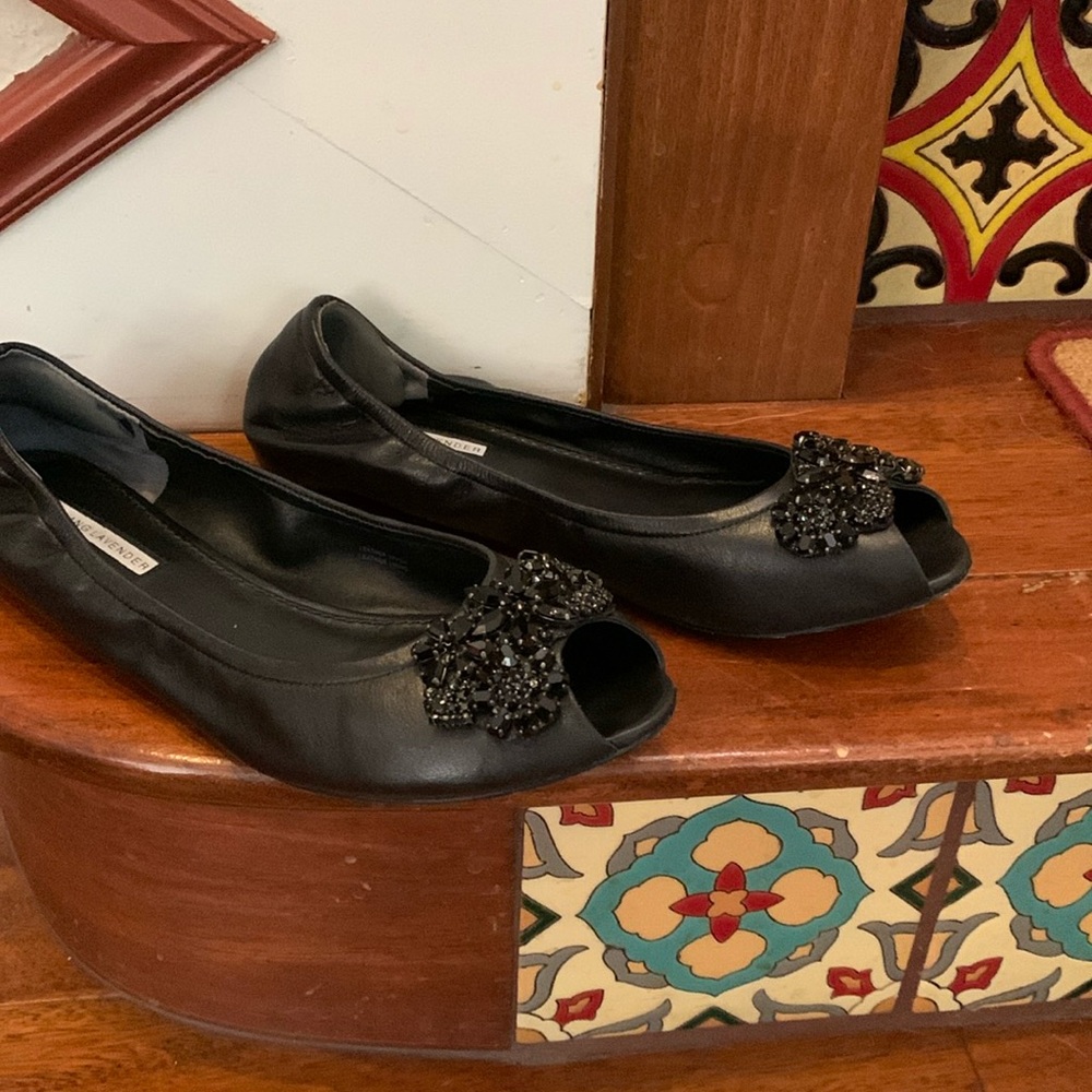 Bejeweled black peep toe ballet flat by Vera Wang Lavender